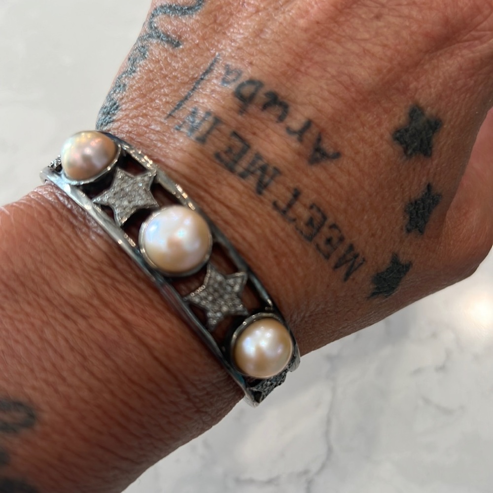Diamond and pearl bangle bracelet